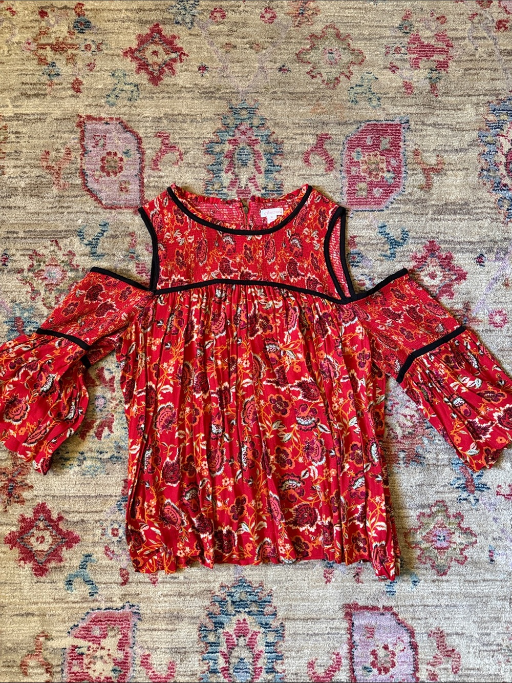 Xhilaration Red Floral Cold-Shoulder Blouse with Black Trim